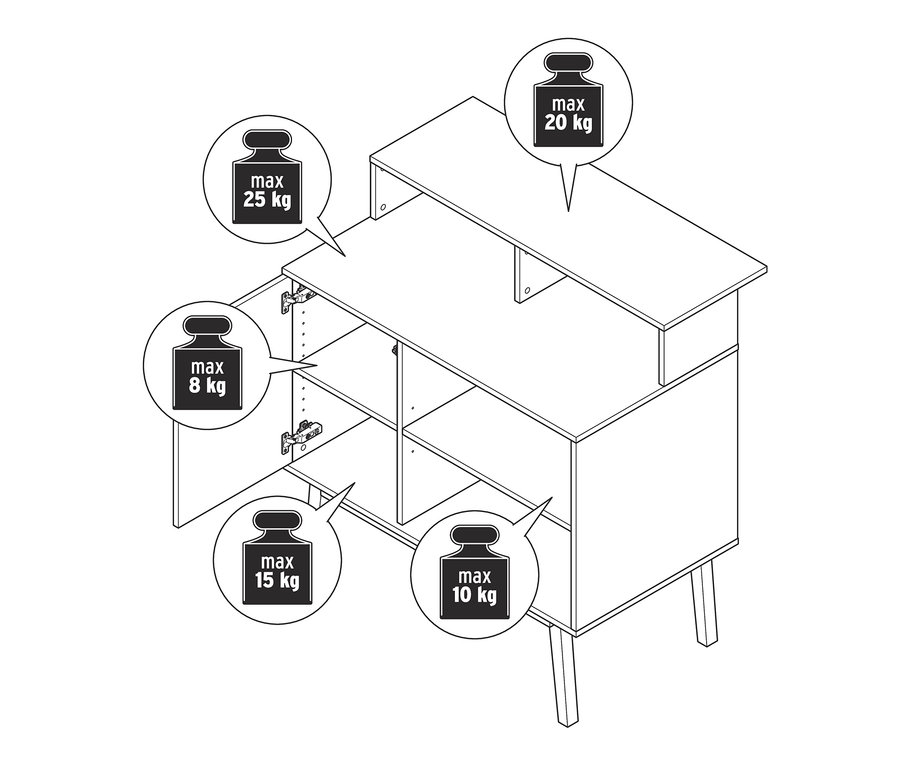 Rysunek baru z ladą, z otwartymi drzwiami i oznaczeniami maksymalnego obciążenia półek.