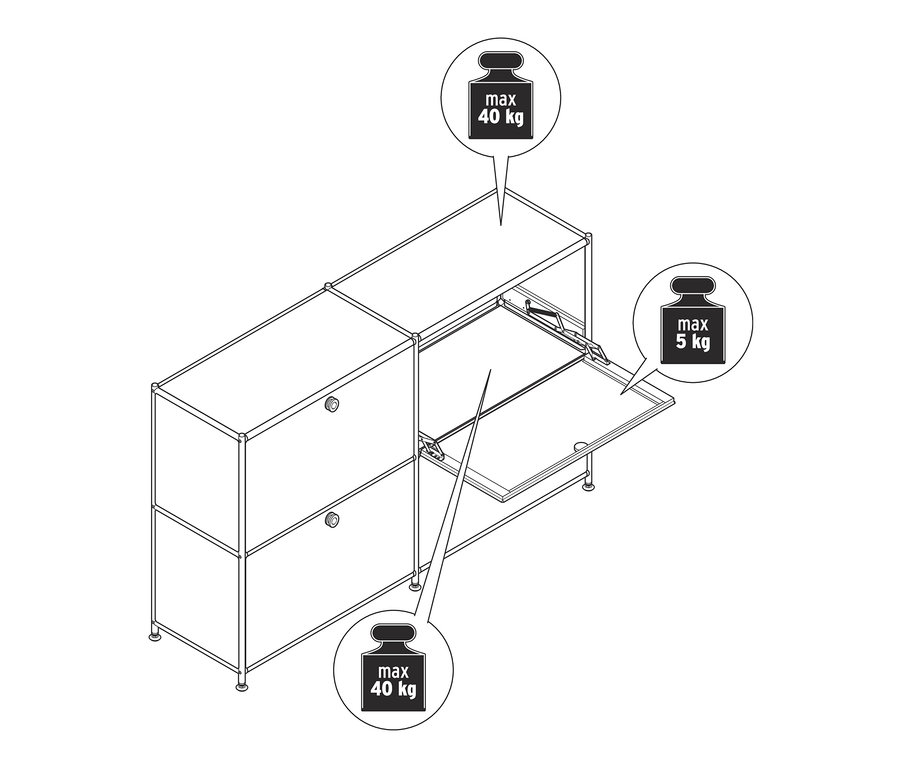 Szkic szafki typu sideboard „CN3” z czterema klapami, z których dwie są otwarte. Maksymalne obciążenie górnej i dolnej części wynosi 40 kg, a klap 5 kg.