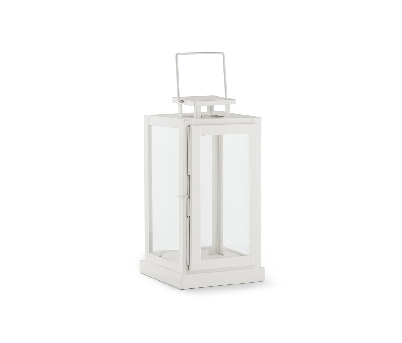 Biały lampion ze szklanymi ściankami i metalowym uchwytem.