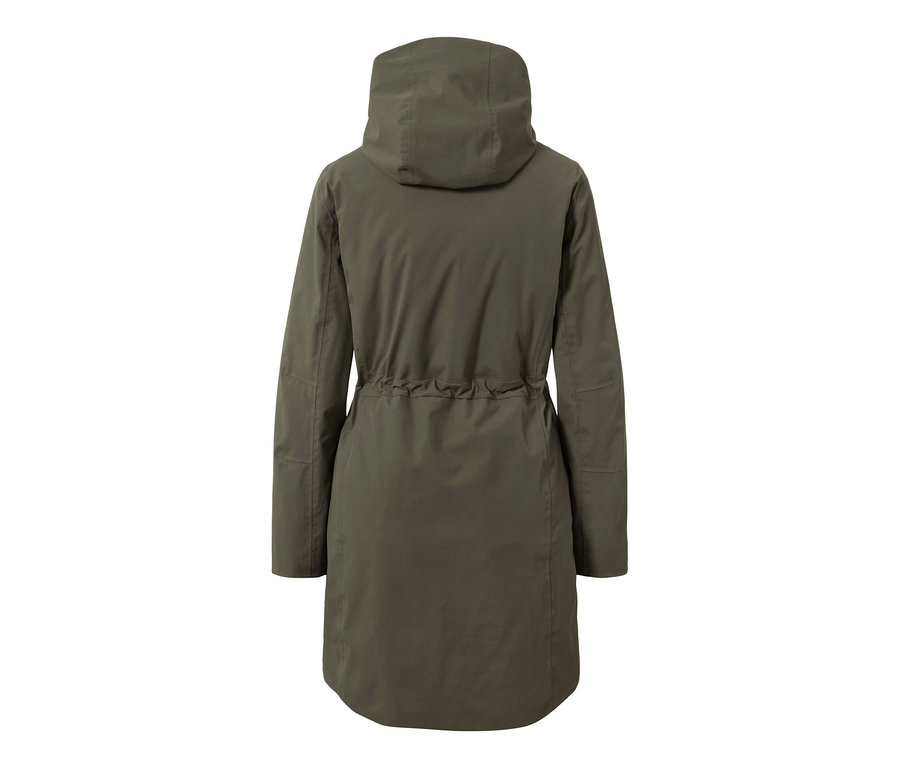 Widok z tyłu oliwkowozielonego płaszcza przeciwdeszczowego 3 w 1 z kapturem i sznurkiem w pasie.