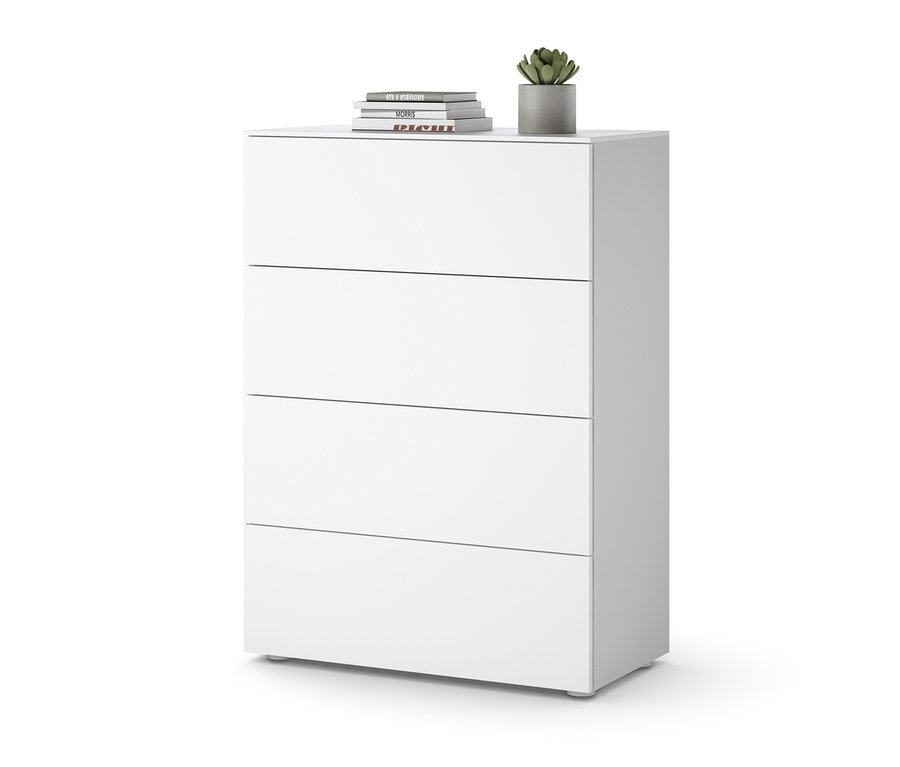 Biała komoda z szufladami, czterema szufladami i rośliną na górze.