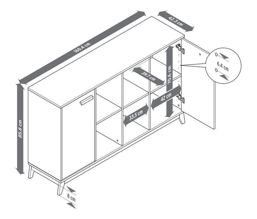 Rysunek kredensu z otwartymi drzwiami i wymiarami.