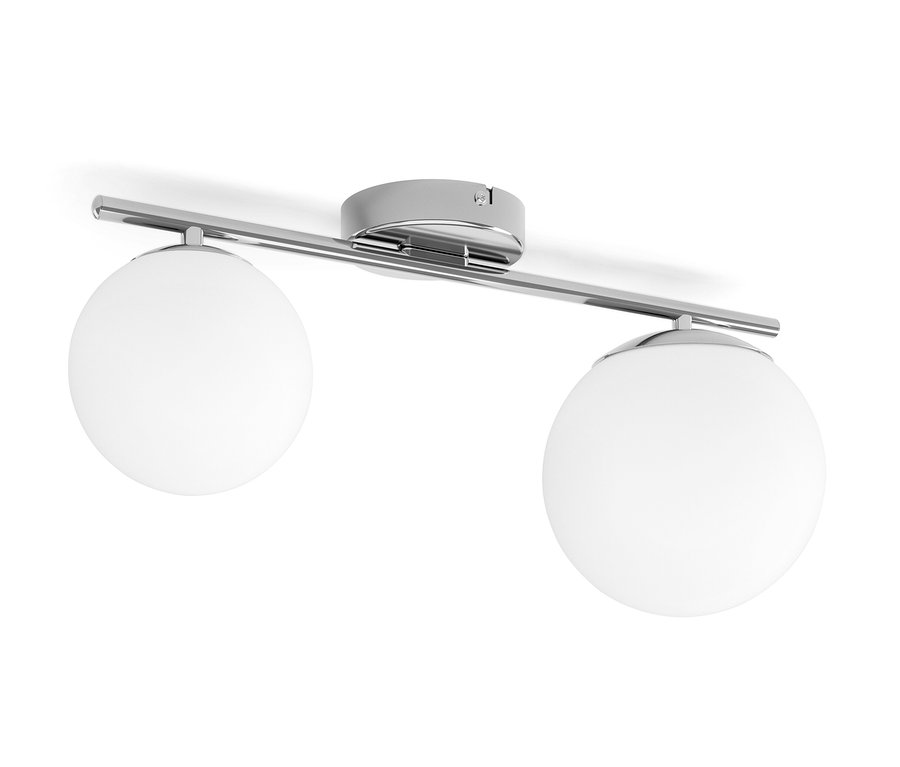 Chromowana lampa sufitowa z metalu z dwoma kulistymi kloszami.
