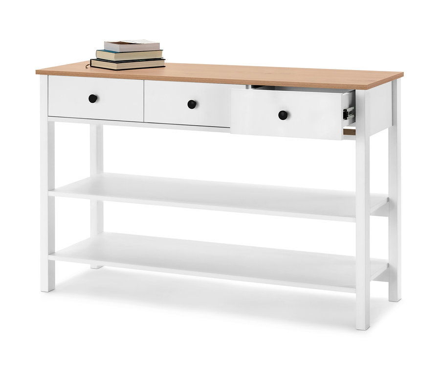 Biała lada z szufladami i blatem z jasnego drewna. Na blacie leżą książki.