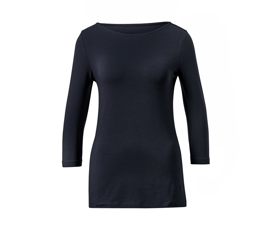Granatowa bluzka z rękawami o długości 3/4 na białym tle.