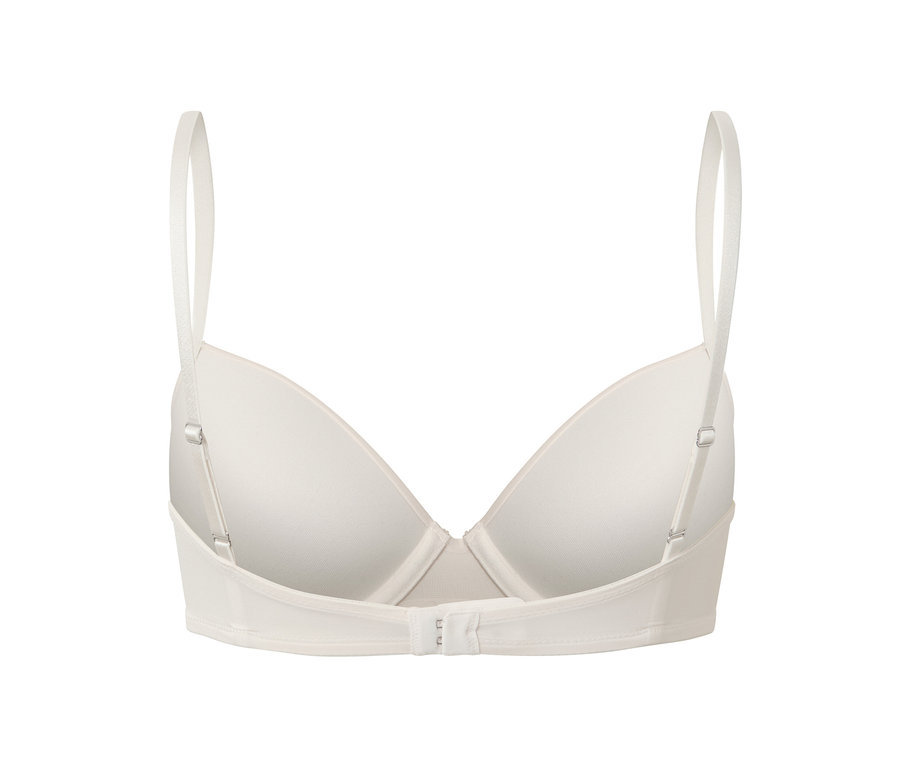 Szczegółowy widok z tyłu białych biustonoszy z modelowanymi miseczkami, 2 sztuki, pokazujący regulowane ramiączka i zapięcie.