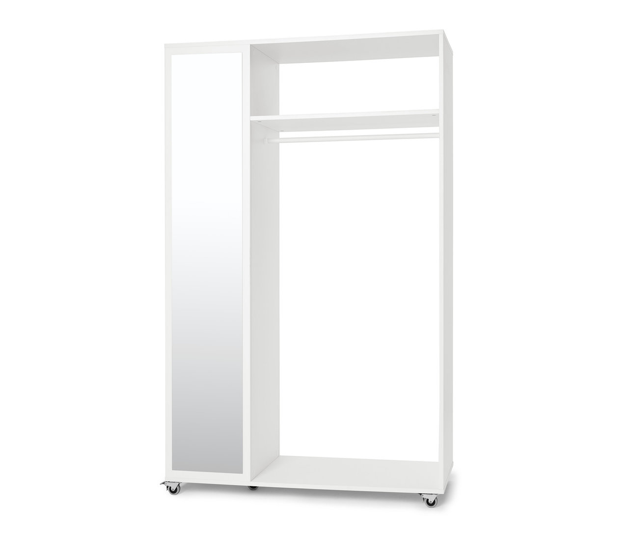 Wieszak na kółkach z szafą i lustrem.