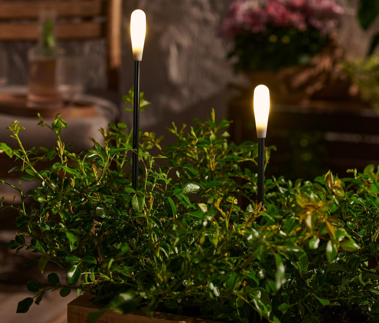 Dwa pręty świetlne LED umieszczone w drewnianej skrzyni z roślinami.