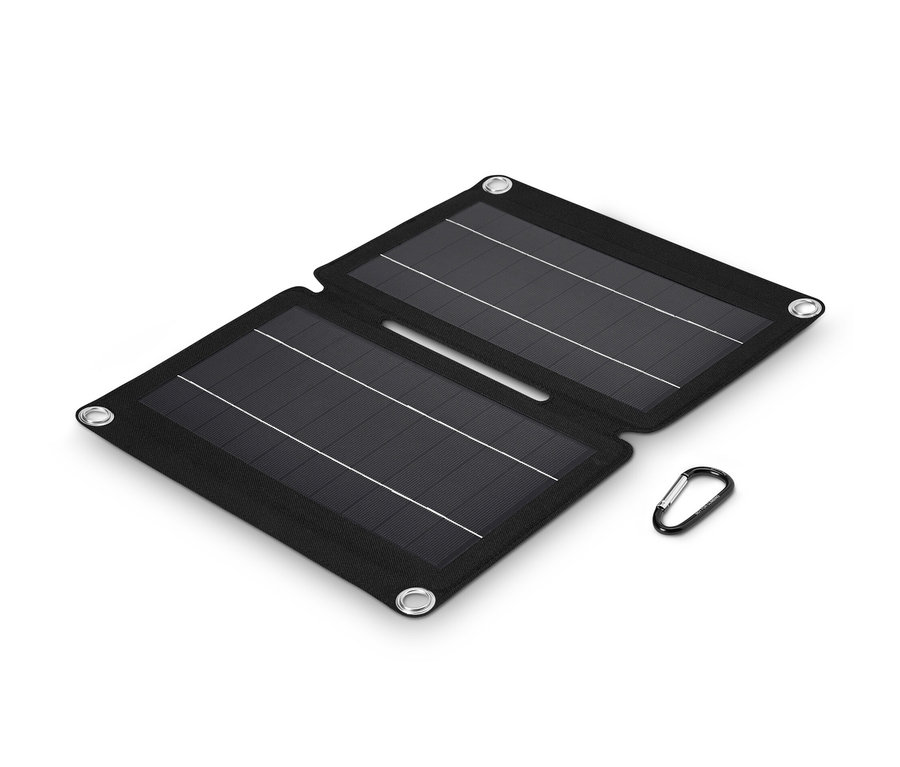 Rozłożona składana ładowarka solarna 10 W z karabińczykiem.