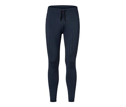 Granatowe legginsy do biegania z elementami ozdobnymi.