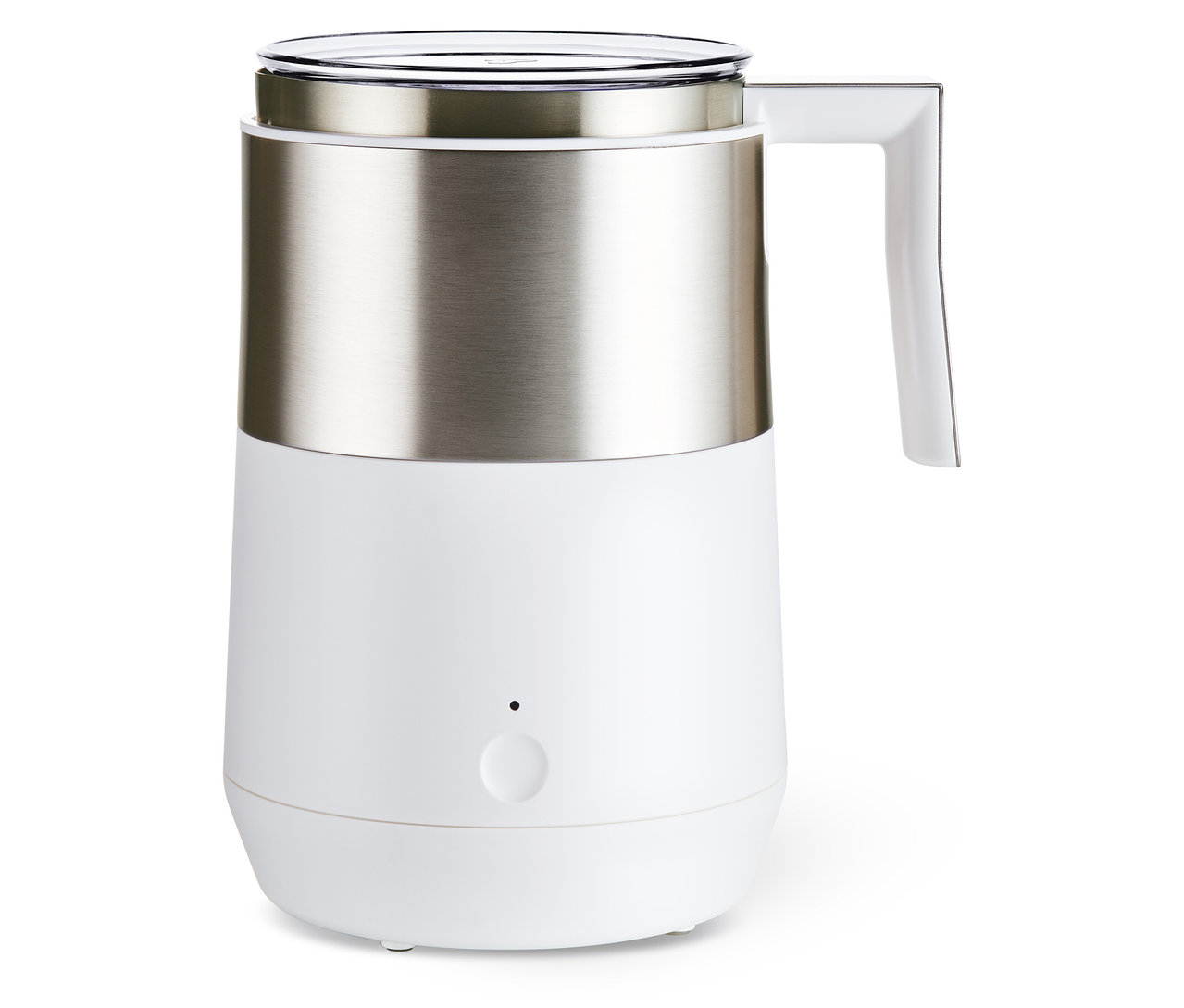 Kremowy spieniacz indukcyjny do mleka ze stali nierdzewnej i białym uchwytem.