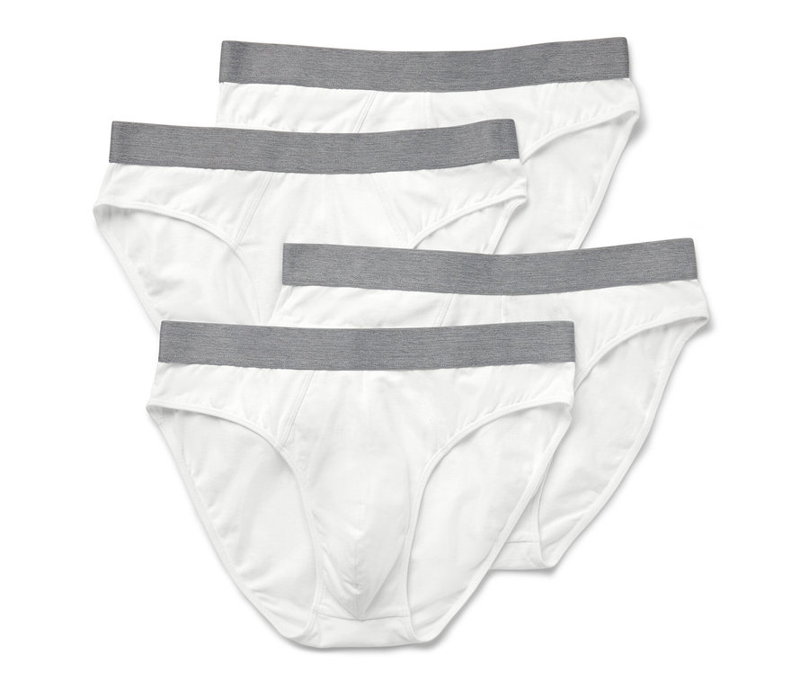 Cztery białe slipy z szarym pasem.