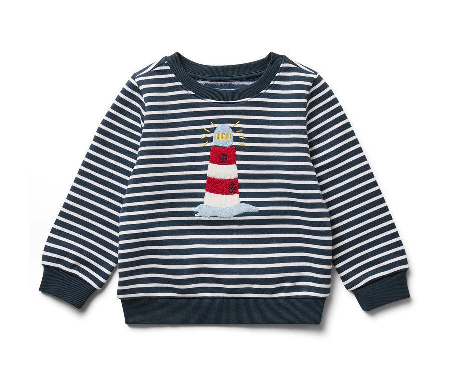 Niebieska bluza w paski z aplikacją latarni morskiej.