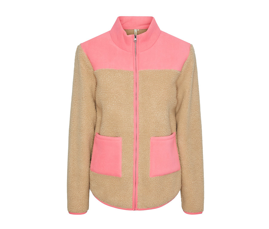 Beżowa rozpinana bluza pluszowa z różowymi detalami.