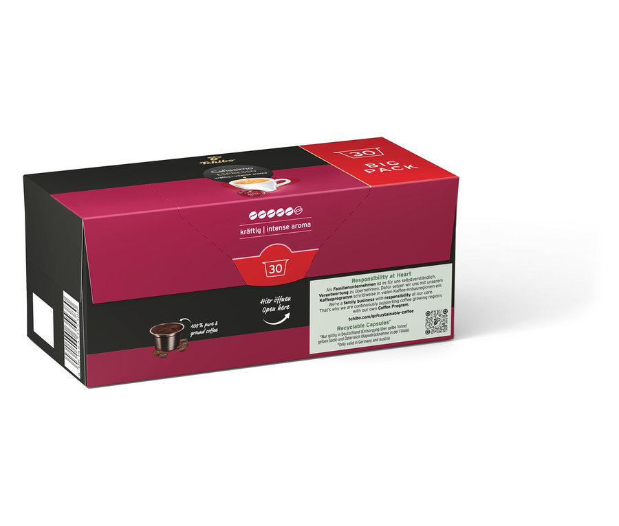 Opakowanie Cafissimo Espresso kräftig z 30 kapsułkami. Opakowanie jest w kolorach fioletowym i czarnym.