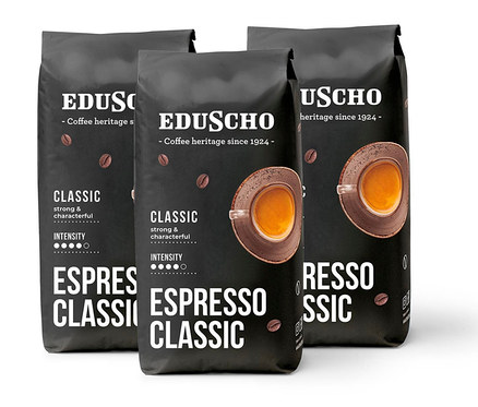 Trzy opakowania kawy ziarnistej Eduscho Espresso Classic, każde po 1000g.