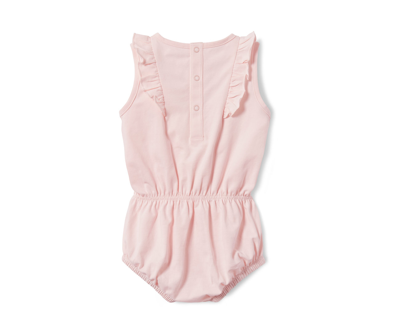 Różowe body z bawełny ekologicznej z falbankami i zapięciem na guziki z tyłu.
