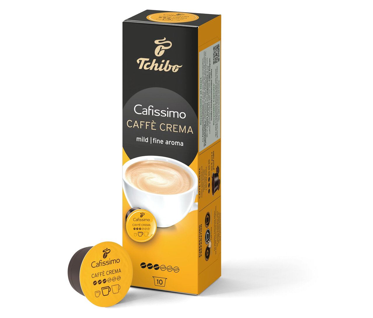 Pudełko Cafissimo Caffè Crema mild i kapsułka. Opakowanie zawiera 10 kapsułek.
