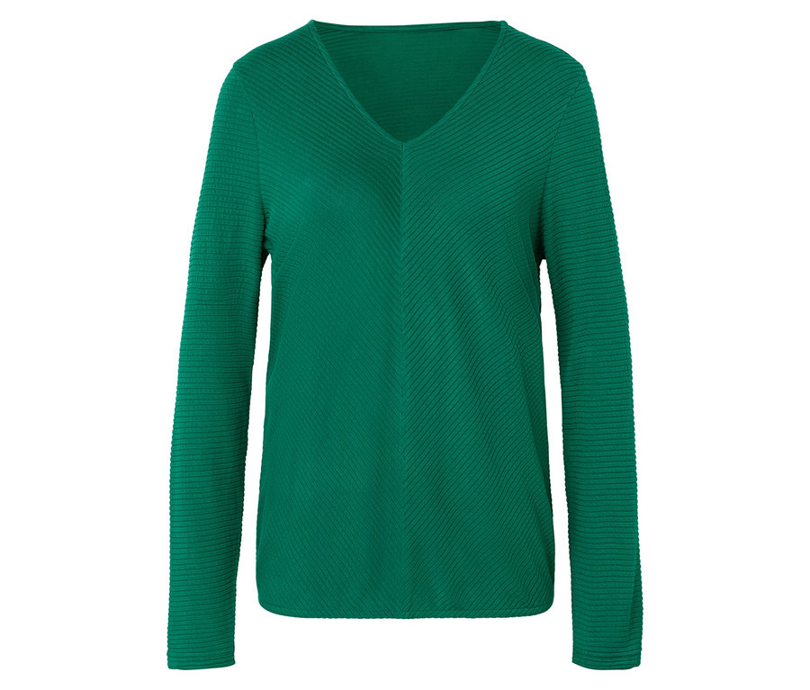 Zielony sweter z długim rękawem i dekoltem w serek.