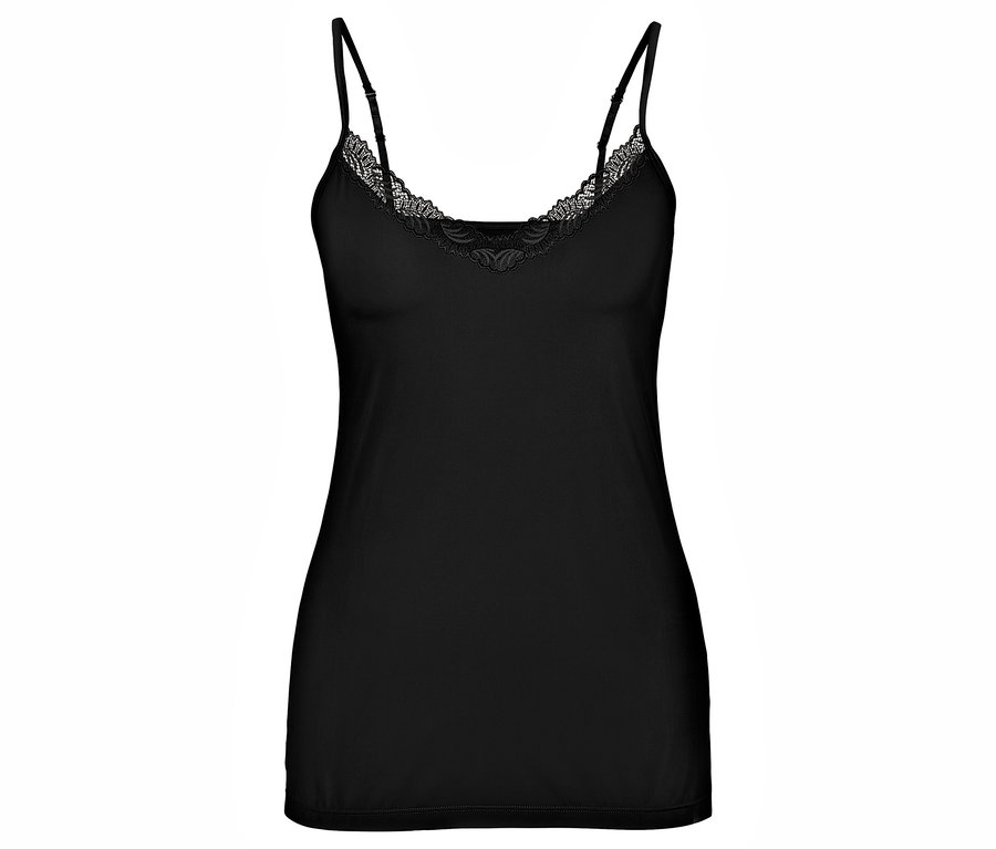 Czarna podkoszulka z koronką na białym tle.