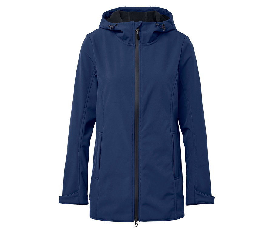 Granatowa kurtka softshell z kapturem i zamkiem błyskawicznym pośrodku.