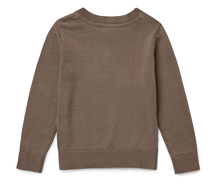 Brązowy sweter z dzianiny z długim rękawem leży na płaskiej powierzchni.