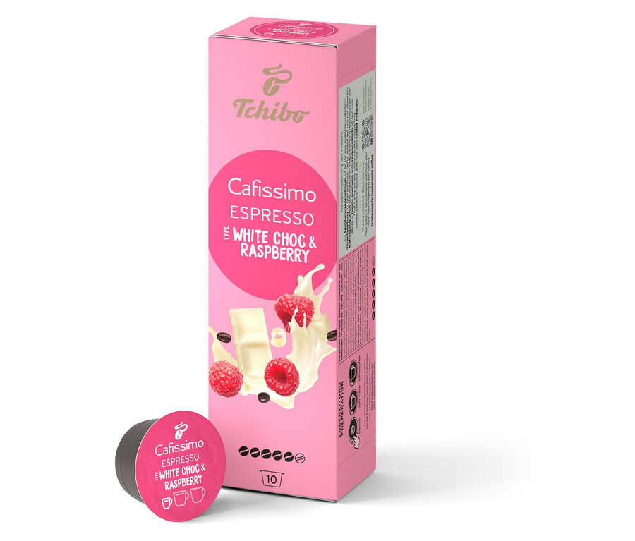 Opakowanie 10 kapsułek Cafissimo Flavoured Espresso – White Choc & Raspberry. Obok opakowania leży jedna kapsułka.