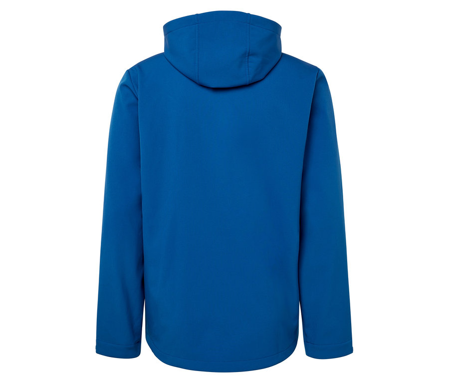 Widok z tyłu niebieskiej kurtki z kapturem.