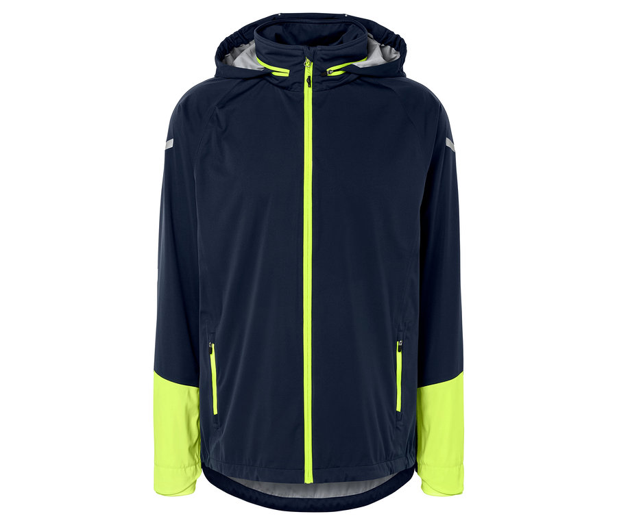 Granatowa kurtka z żółtymi detalami i kapturem.