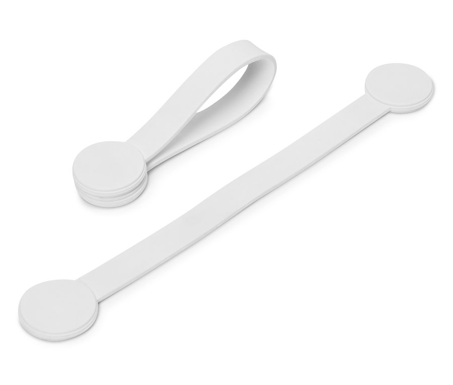 Dwie białe gumki z okrągłymi końcami na białym tle.