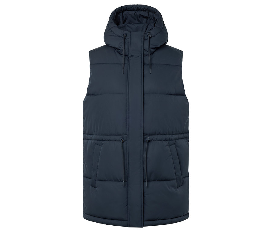 Granatowa pikowana kamizelka z kapturem.