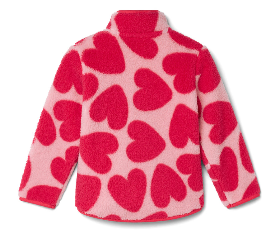 Różowa bluza polarowa we wzór czerwonych serc.
