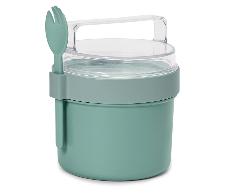 Zielony pojemnik na żywność z widelcem przymocowanym z boku.