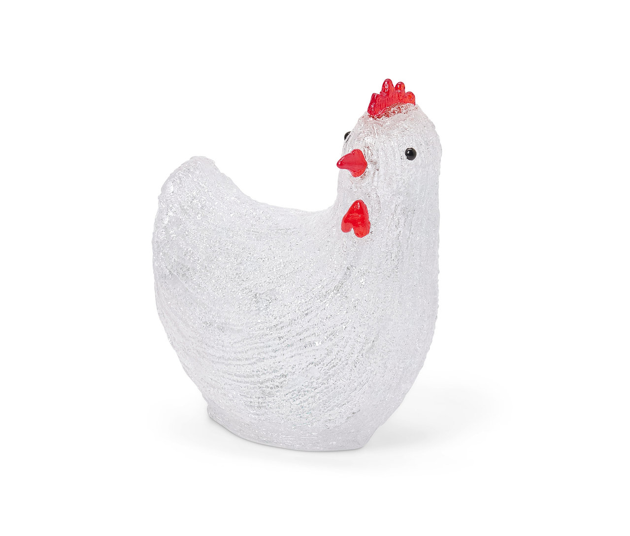 Zbliżenie na solarną kurę LED do użytku zewnętrznego, białą z czerwonym grzebieniem.