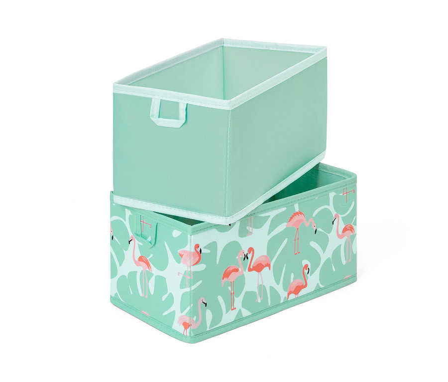 Dwa organizery do szuflad ułożone jeden na drugim. Jeden jest jasnozielony, a drugi ma nadruk z flamingami.