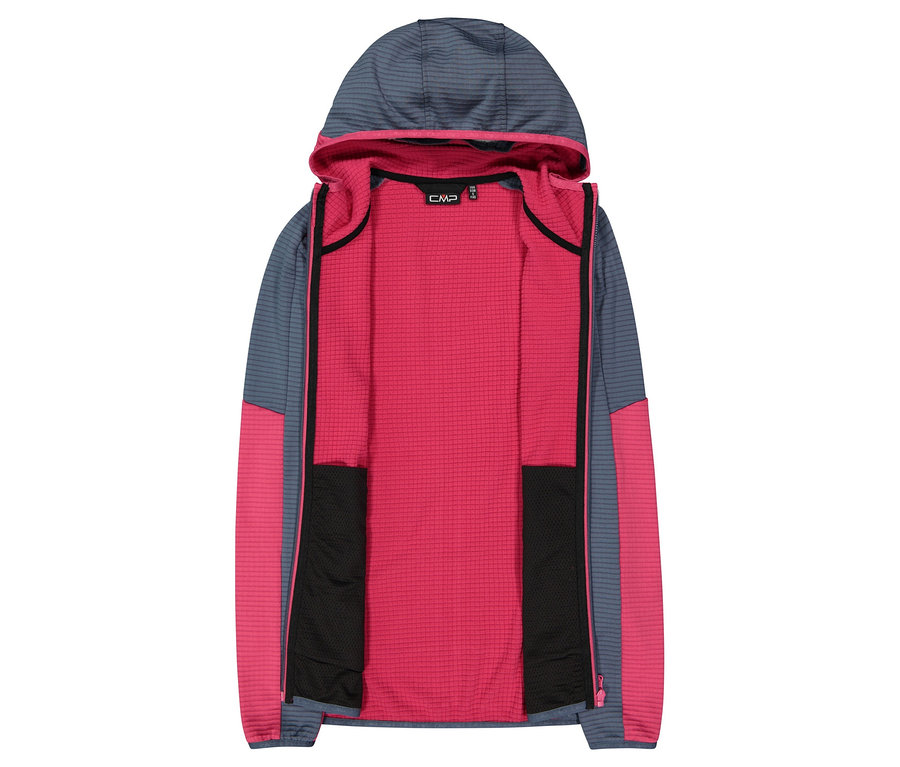 Rozpięta bluza z kapturem w kolorze szarym i różowym z czarnymi kieszeniami.