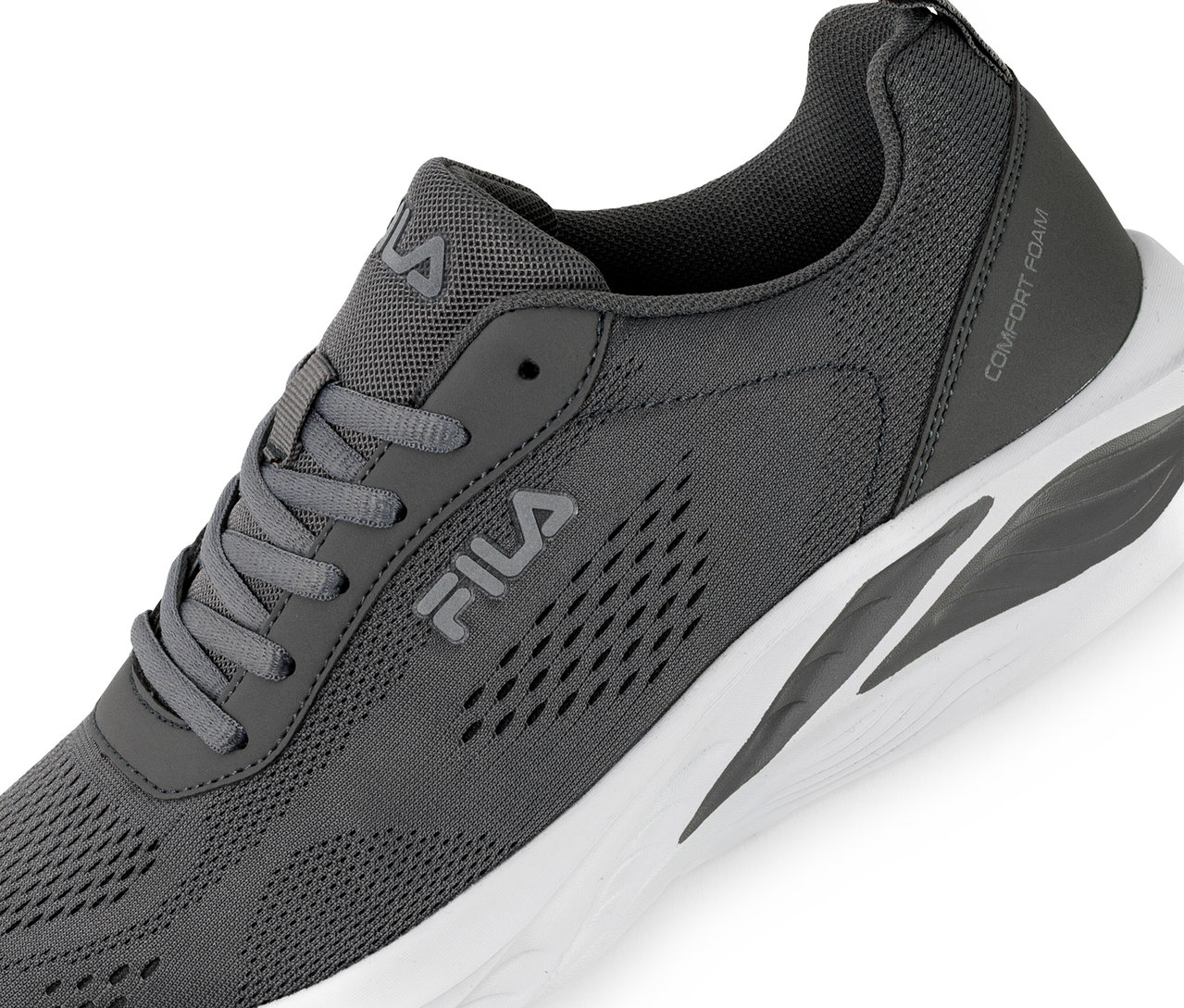 Zbliżenie szarego męskiego buta sportowego Fila Specctris z białą podeszwą.