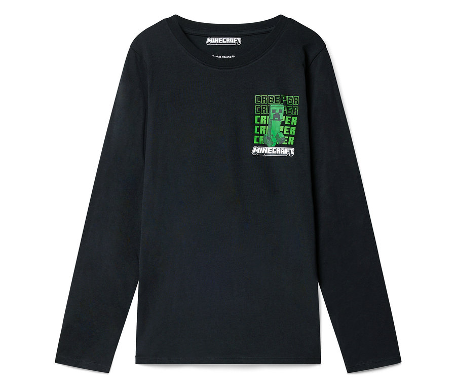 Czarne ubranie z długim rękawem z motywem Minecraft Creeper na piersi.
