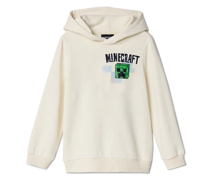 Kremowa bluza z kapturem z logo Minecraft i zieloną twarzą Creepera na piersi.