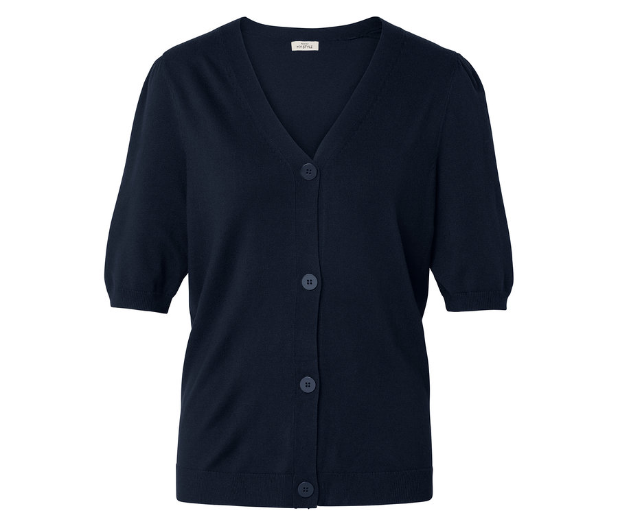 Granatowy kardigan z krótkim rękawem, dekoltem w kształcie litery V i pięcioma guzikami.