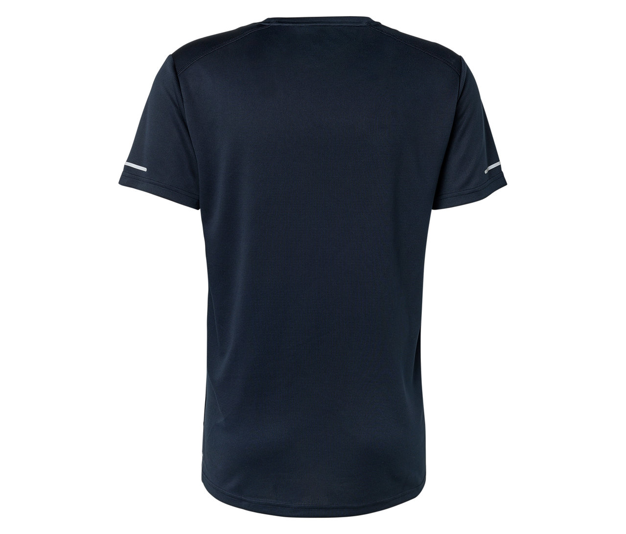 Granatowa koszulka z krótkim rękawem widziana od tyłu, z odblaskowym paskiem na rękawie.