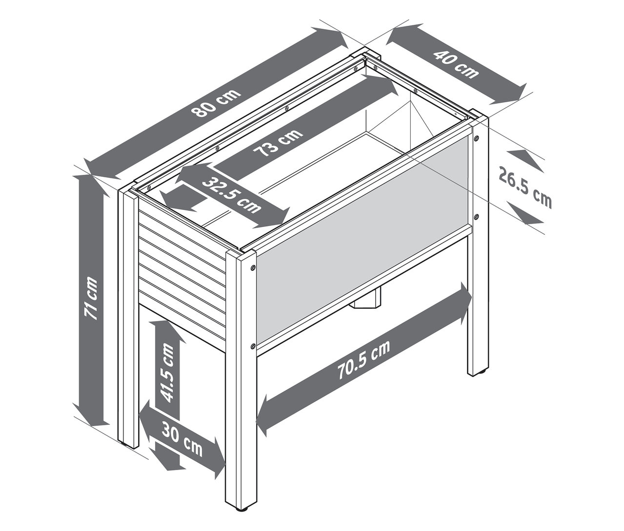 Ilustracja podwyższonej rabatki dla dzieci z wymiarami.