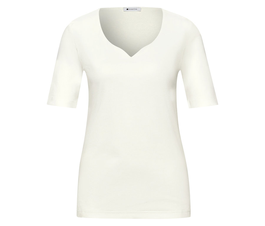 Biała koszulka Street One z krótkim rękawem i dekoltem w serek, umieszczona centralnie.
