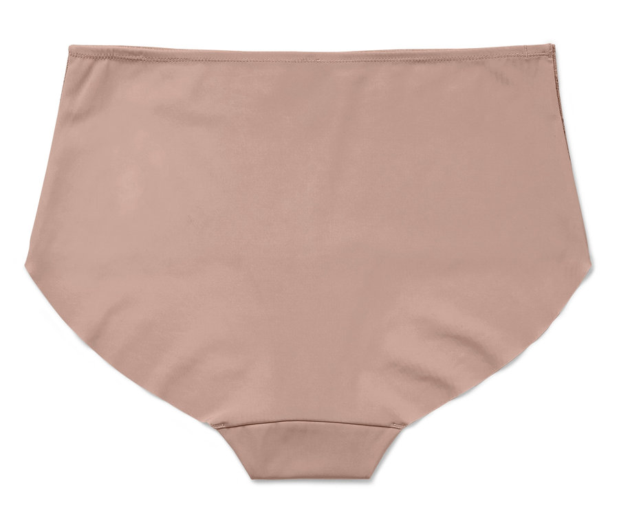 Na białym tle leżą figi damskie w kolorze cielistym z wysokim stanem.