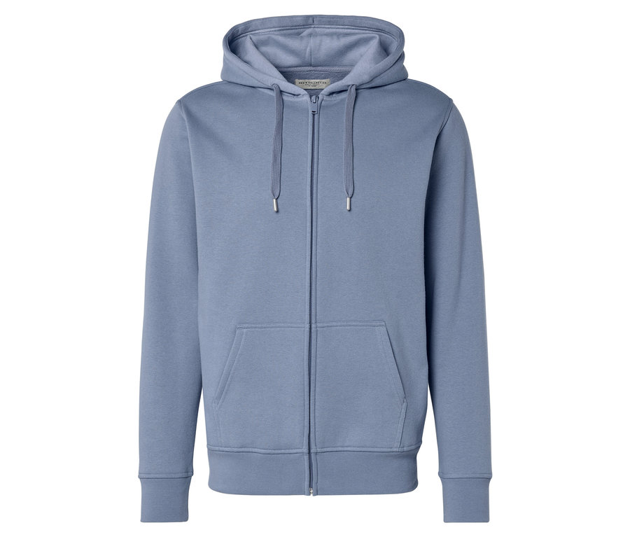 Jasnoniebieska bluza z kapturem, zamkiem błyskawicznym i kieszenią typu kangur.