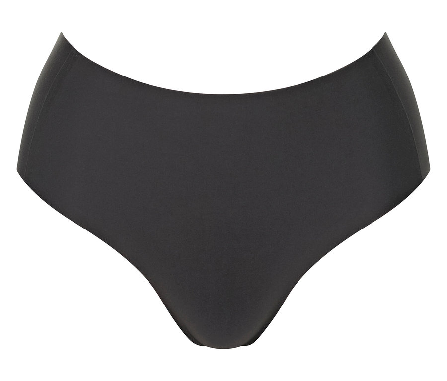 Ciemnoszare damskie figi z wysokim stanem leżące na białym tle.