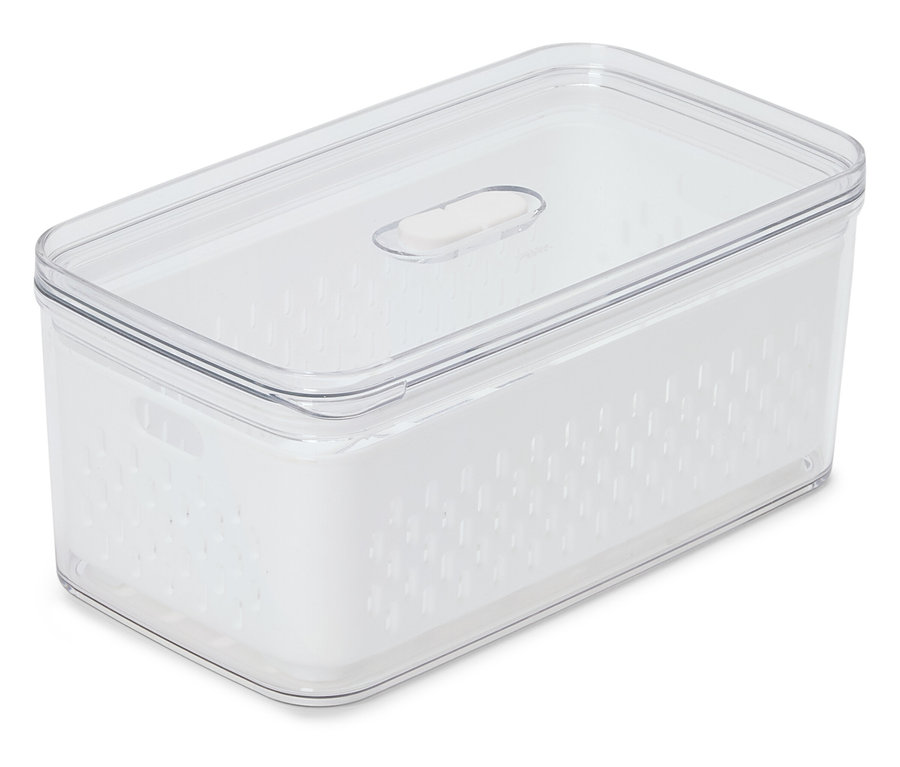 Prostokątny, przezroczysty pojemnik do przechowywania żywności z białą wkładką i przezroczystą pokrywką stoi na białym tle.
