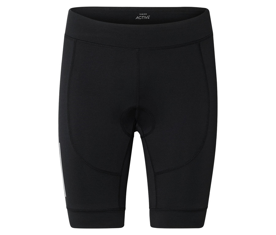 Czarne, kolarskie spodenki do kolan, lekko wyściełane na środku z przodu, z odblaskowym paskiem na lewej nogawce.