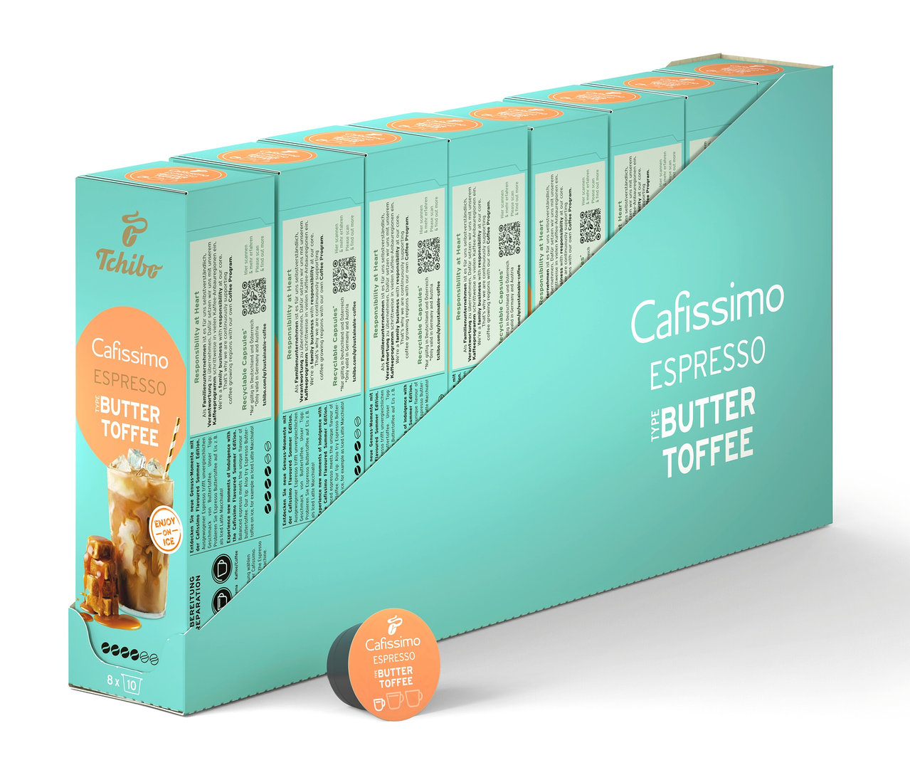 Rząd opakowań kapsułek Cafissimo Flavoured Espresso - Buttertoffee w turkusowym opakowaniu.