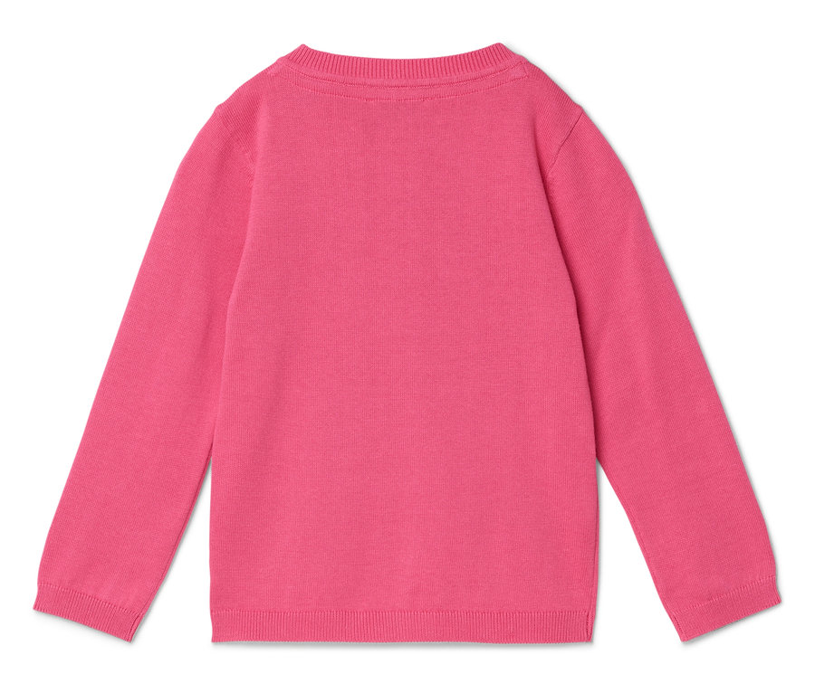 Widok z tyłu różowego swetra z długimi rękawami.